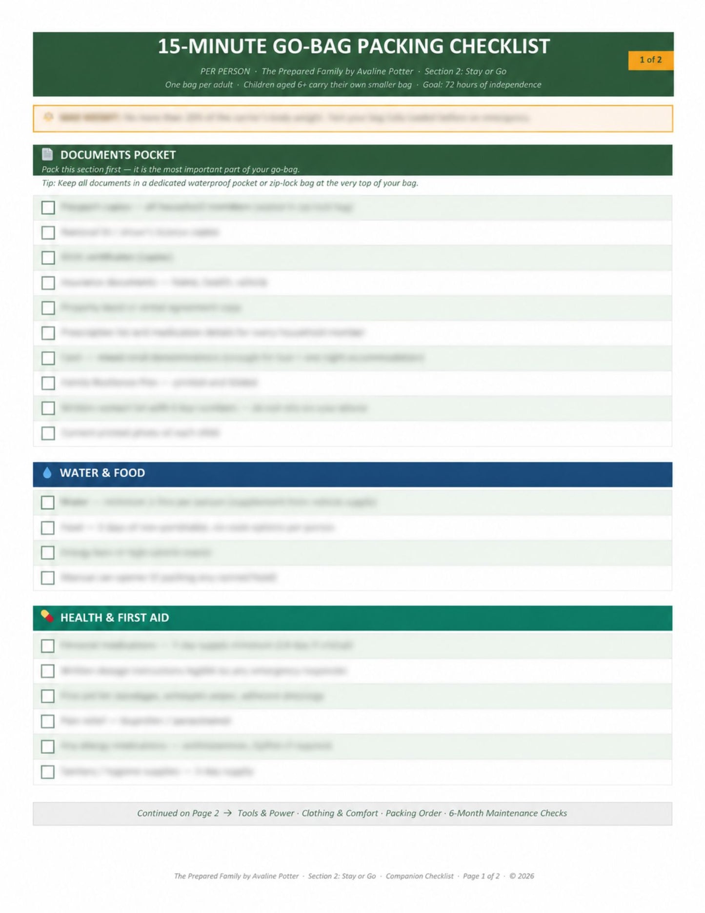Go Bag Packing checklist