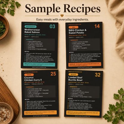 Four recipe card templates arranged on a beige tabletop with food props around the edges. The cards are dark charcoal with colored headers and recipe text, and the headline at the top reads 'Sample Recipes' with the subtitle 'Easy meals with everyday ingredients.
